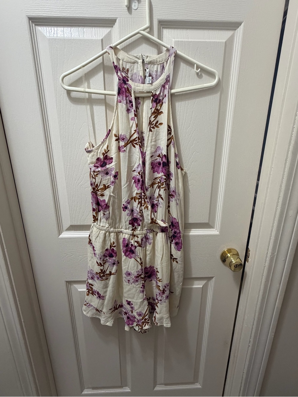 American Eagle Outfitters Cream Floral Halter Tank Top with Purple Print